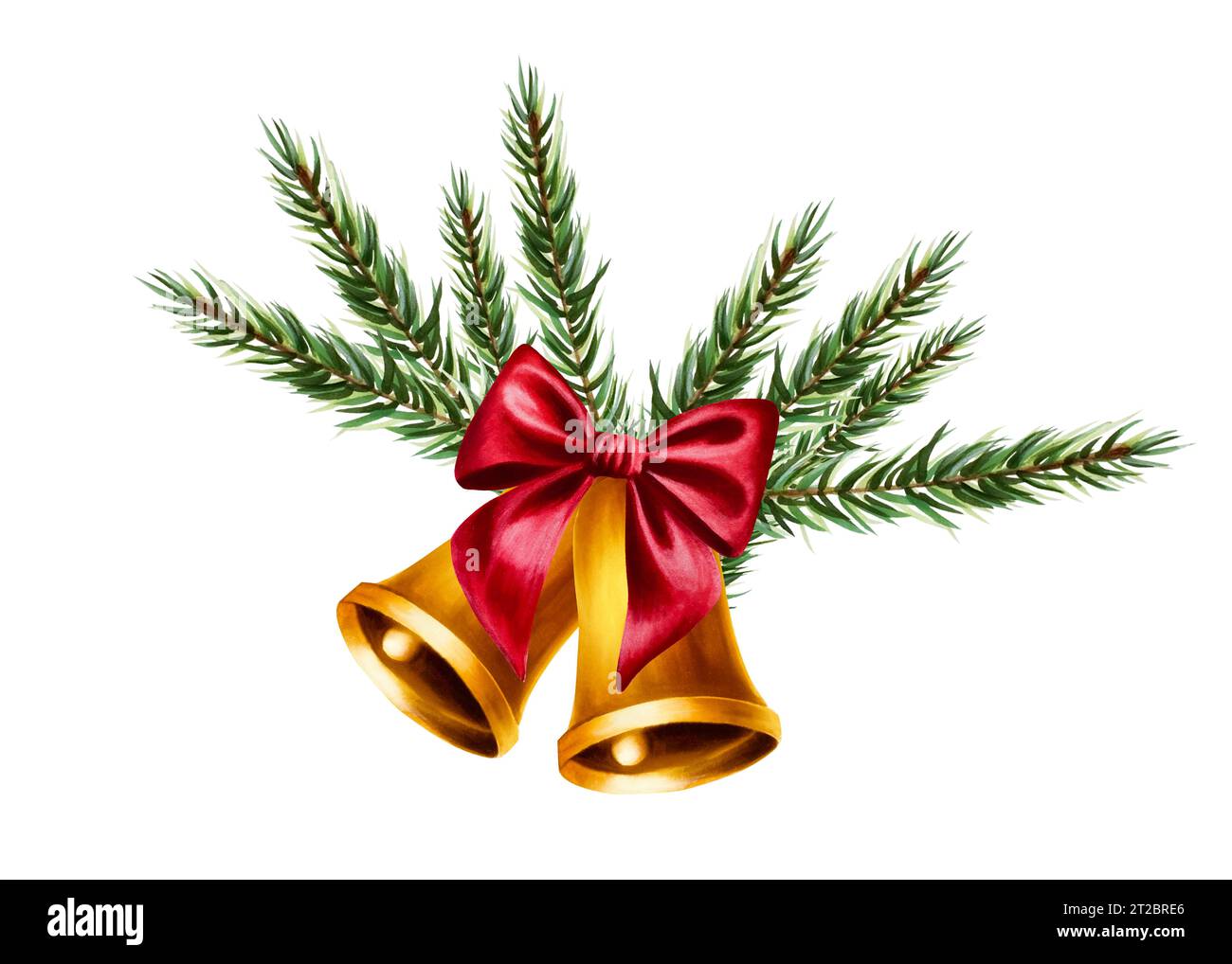 Watercolor christmas golden bells with red satin bow, spruce and pine ...