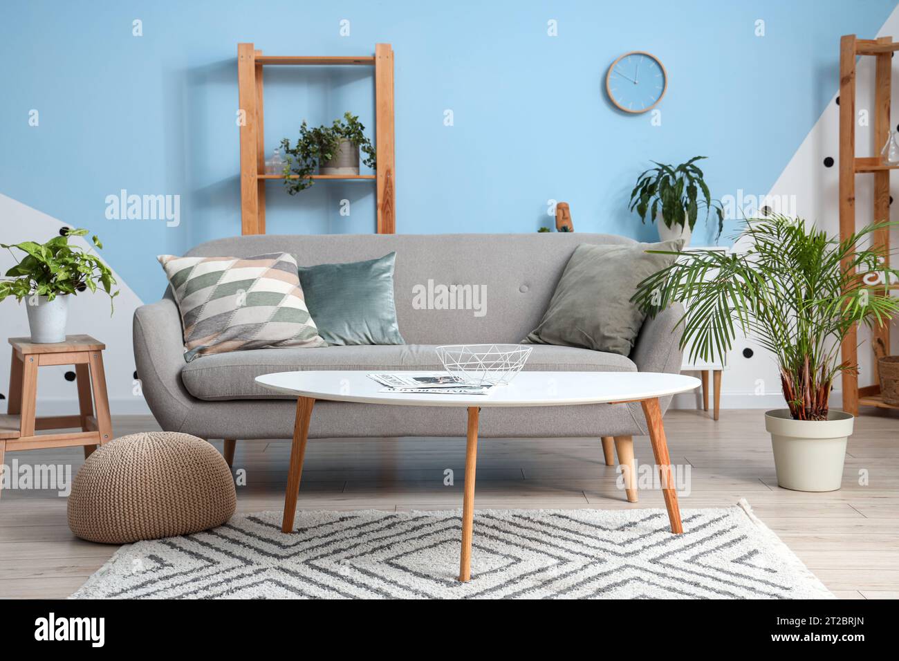 Interior of stylish living room with grey sofa Stock Photo - Alamy