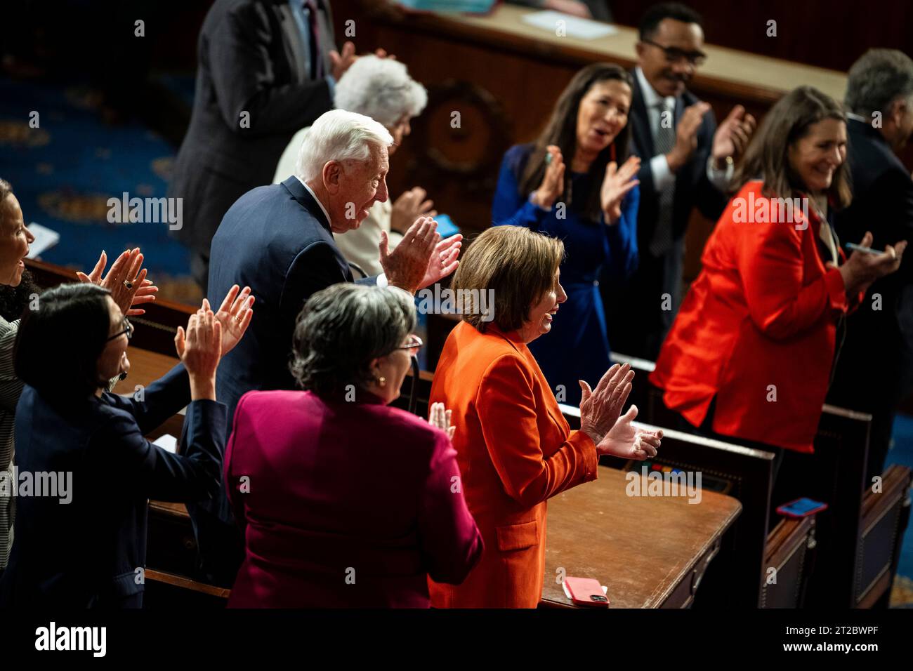 Washington, USA. 18th Oct, 2023. Representative Steny Hoyer (D-MD) and Representative Nancy Pelosi (D-CA) applaud during a second round of voting for Speaker of the House, in the House Chamber, at the U.S. Capitol, in Washington, DC, on Wednesday, October 18, 2023. (Graeme Sloan/Sipa USA) Credit: Sipa USA/Alamy Live News Stock Photo