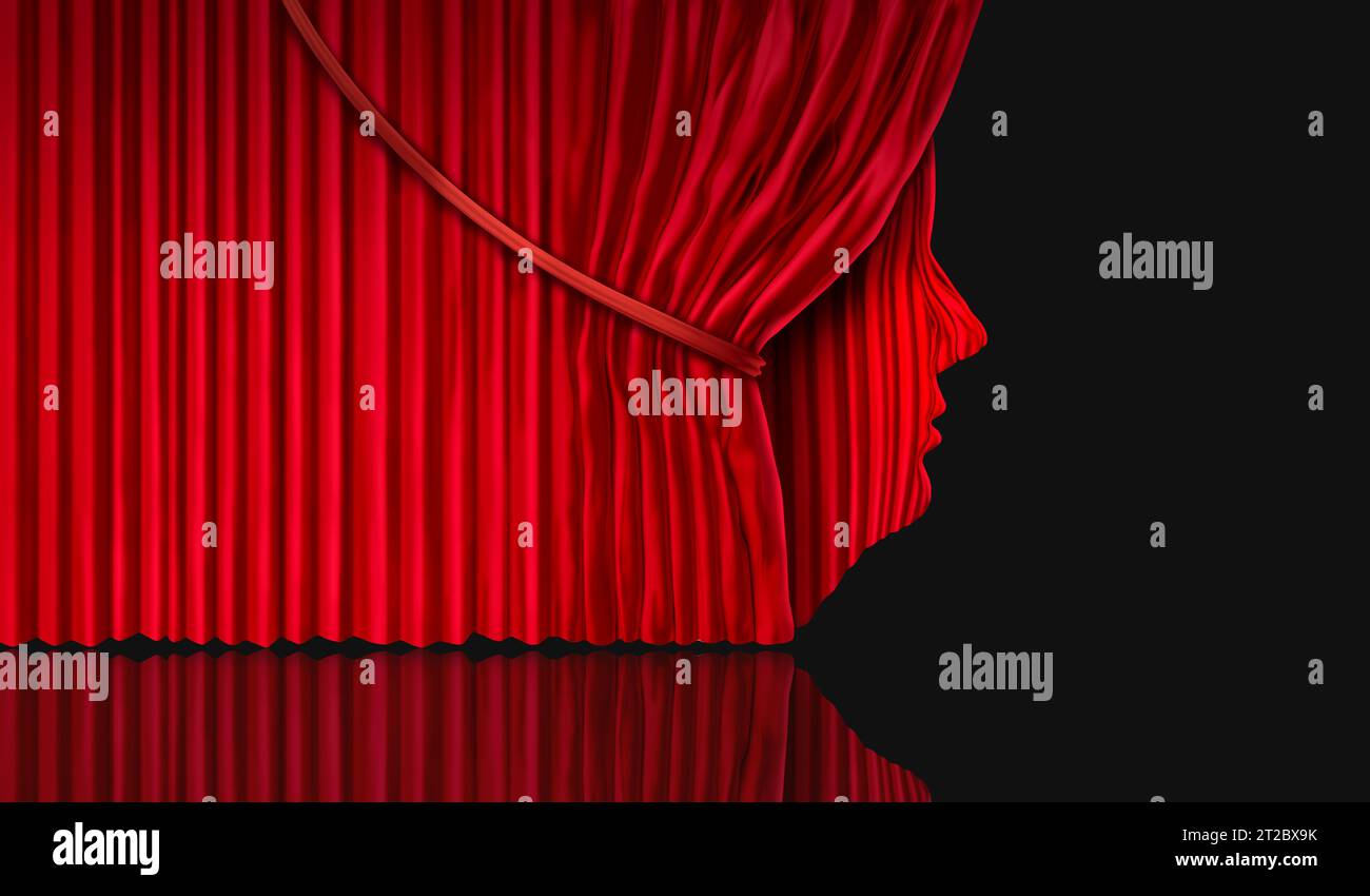 Revealing Our True Selves as red velvet Curtain reveal as cinema or theater drapes as a human face. Stock Photo