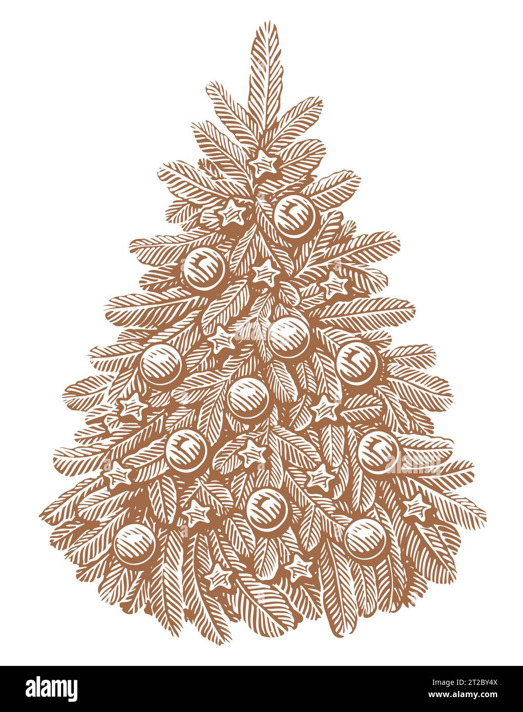 Hand drawn fir tree decorated with lights and balls in retro style ...