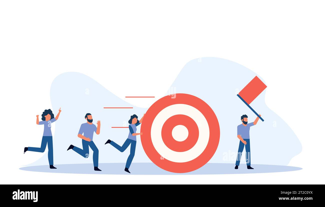 Group of diverse people push a large target towards a goal. They are all working together and