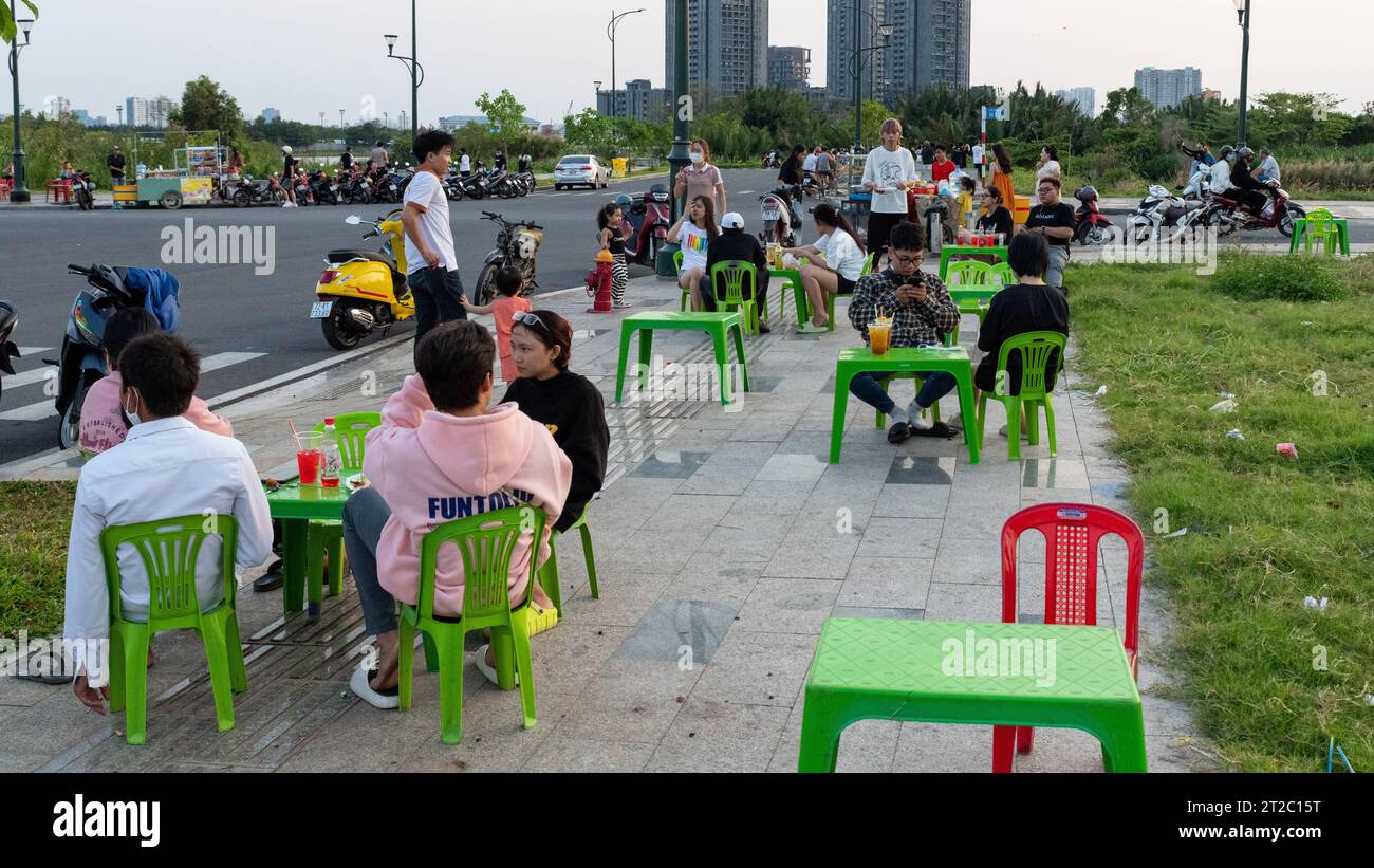 Pop-up Cafe in Ho Chi Minh City for Families Flying Kites Stock Photo