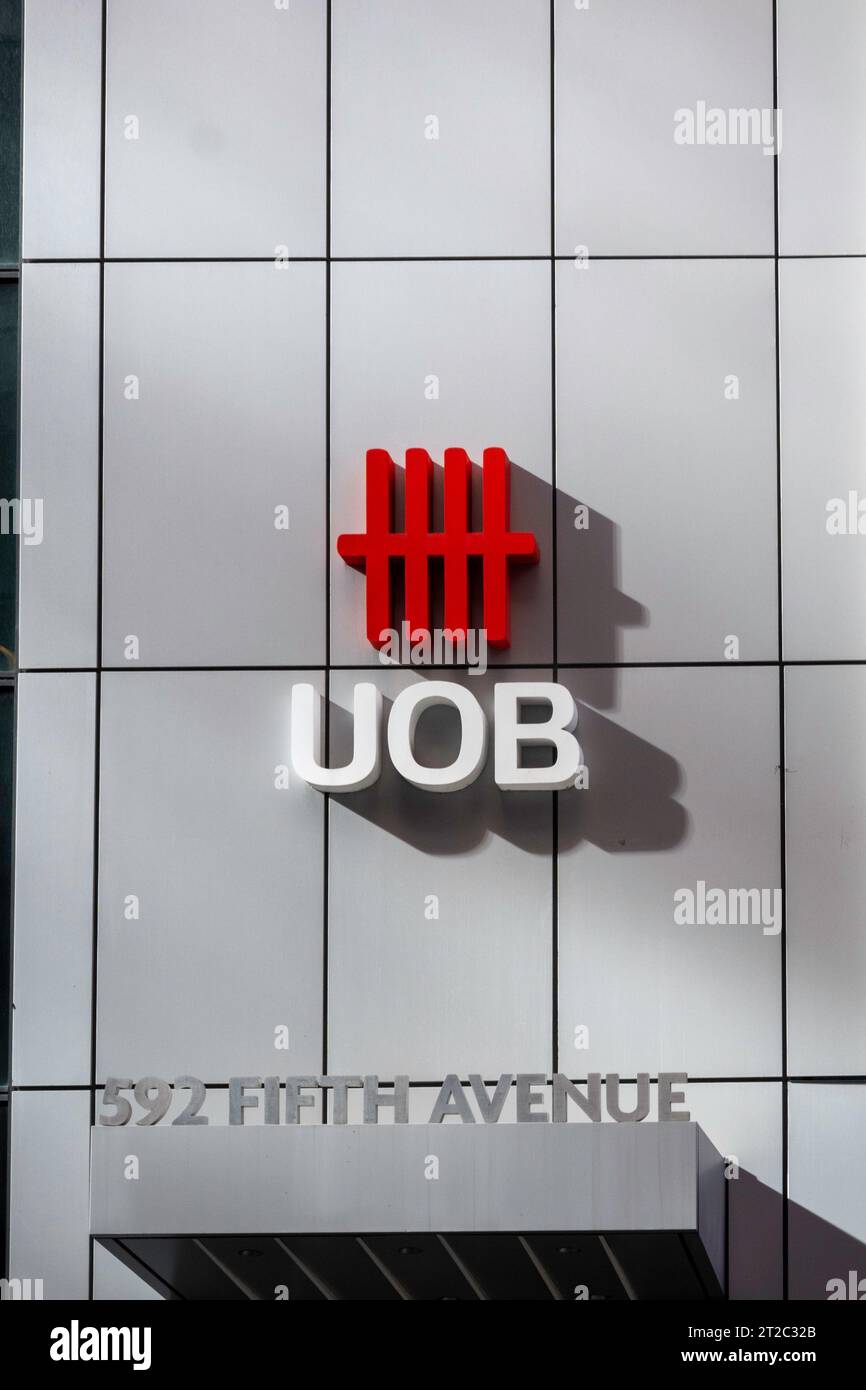 The united overseas bank façade with logo at 592 5th Ave., 2023, New York City, USA Stock Photo