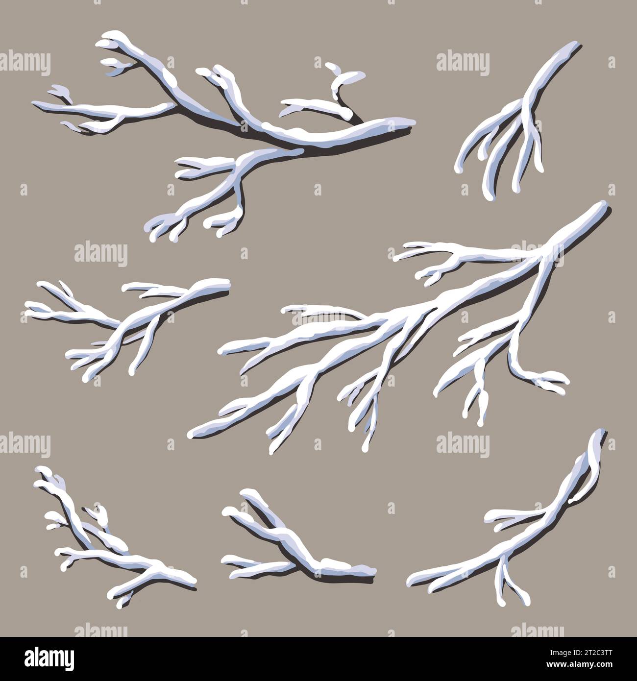 A set of snow-covered branches. Winter elements for the Christmas scene. Plants covered with frost in cartoon style. Vector flat illustration. Stock Vector