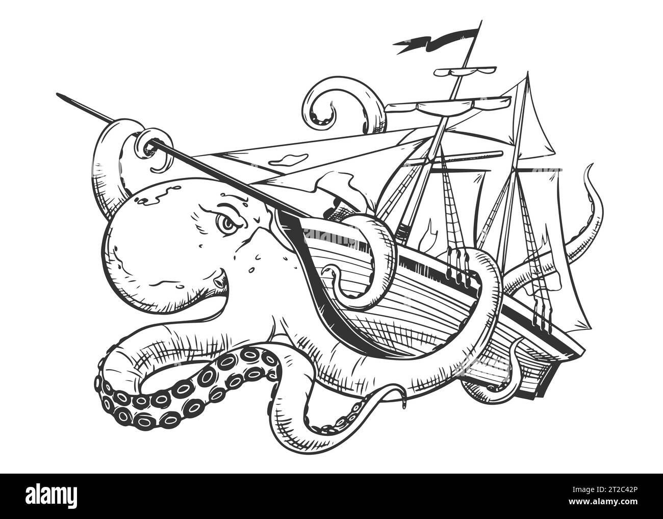 An angry kraken is attacking a commercial sailboat. The octopus wraps its tentacles around the sailboat and pulls it to the bottom. Vector image of a Stock Vector