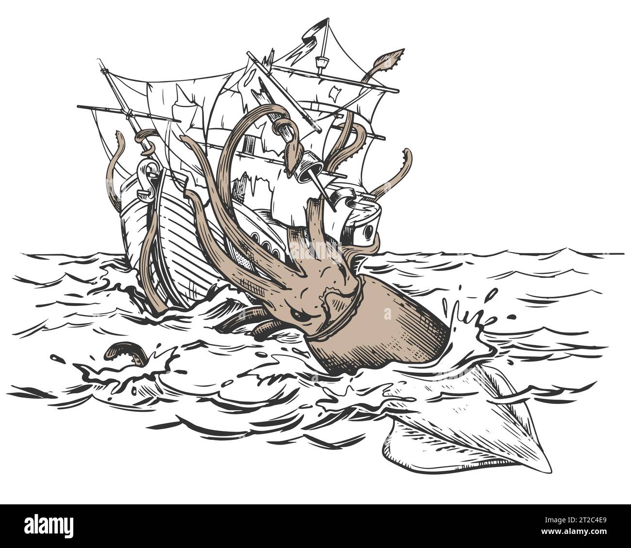 The legendary kraken is attacking the ship. Mythical monster. huge squid drags a sailboat under the water. Vector illustration in engraving style. Com Stock Vector