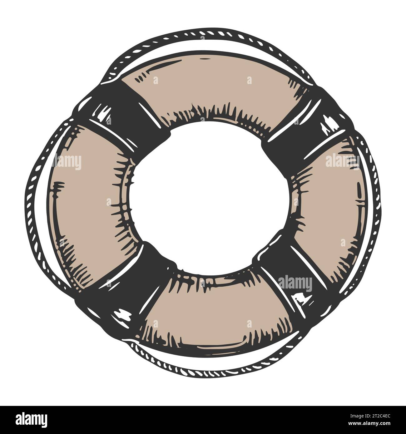 The lifebuoy is tied with a rope. Rescue tool in engraving style. The concept of help and support, survival. Vintage vector illustration. Clipart for Stock Vector
