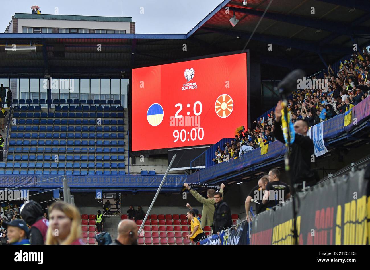 Prague, Czechia - October 14, 2023: Final score of the the UEFA EURO 2024 Qualifying game Ukraine v North Makedonia seen on the electronic scoreboard of Epet Arena in Prague. Ukraine won 2-0 Stock Photo