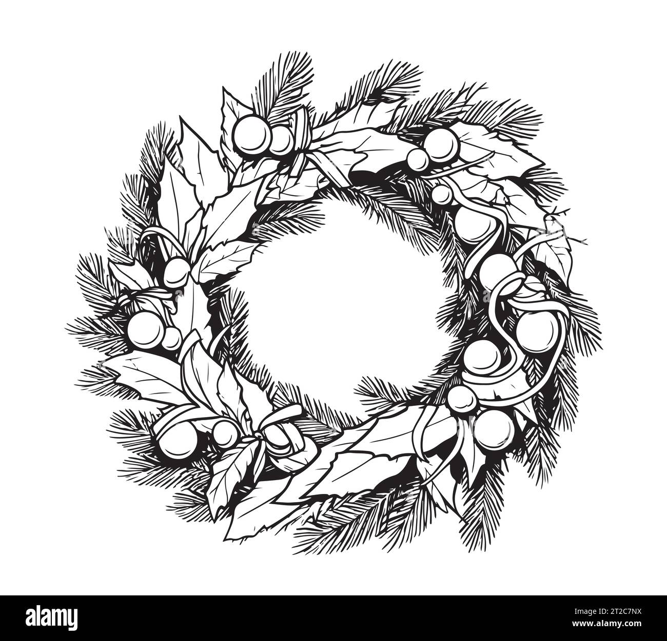 Winter christmas greenery border holly Black and White Stock Photos