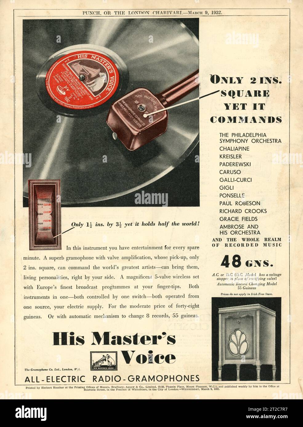 HIS MASTER'S VOICE Record Player 1932 British Magazine Advertisement Stock Photo