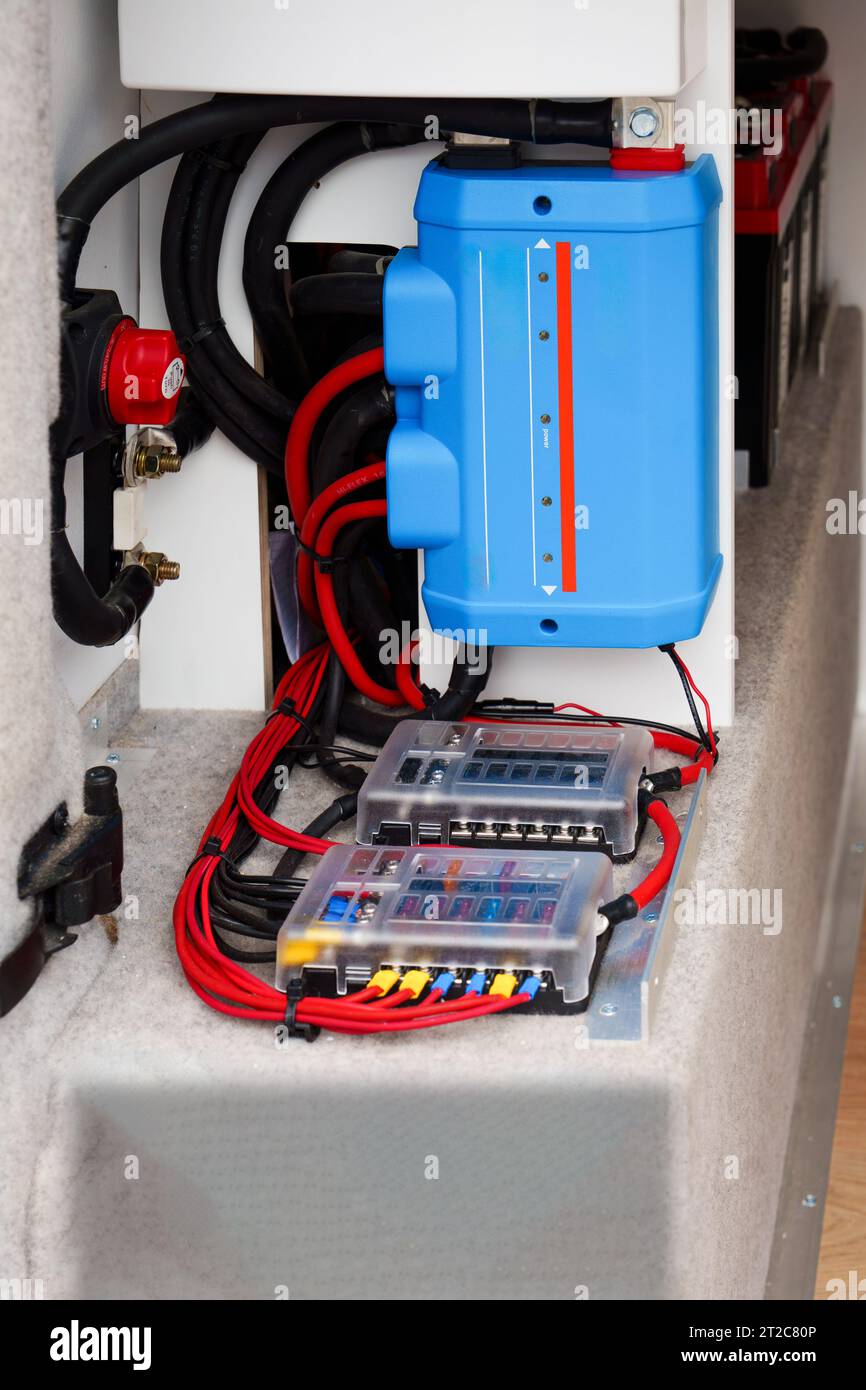 Electrical Installation, Chargers, Fuses in a Self-Built, Converted Minibus to Mobile Home, RV Stock Photo