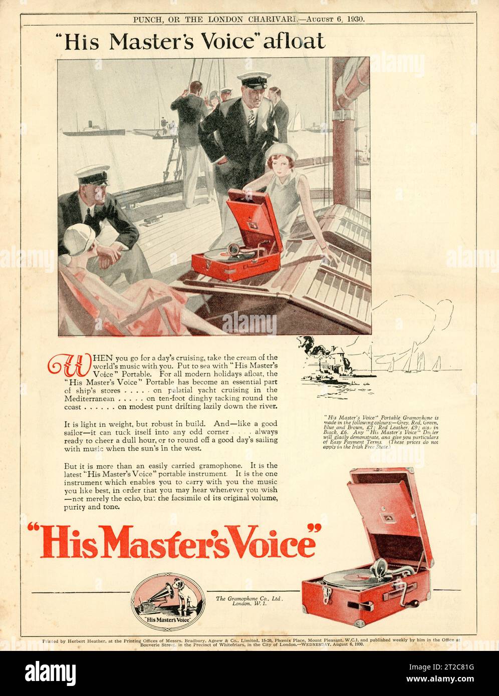 HIS MASTER'S VOICE Portable Record Player 1930 British Magazine Advertisement Stock Photo