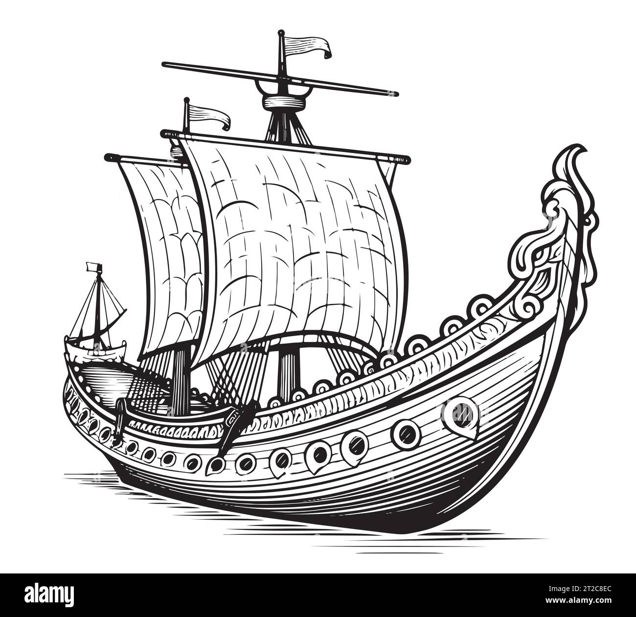 Viking ship sketch, hand drawn Vector illustration Comic Stock Vector