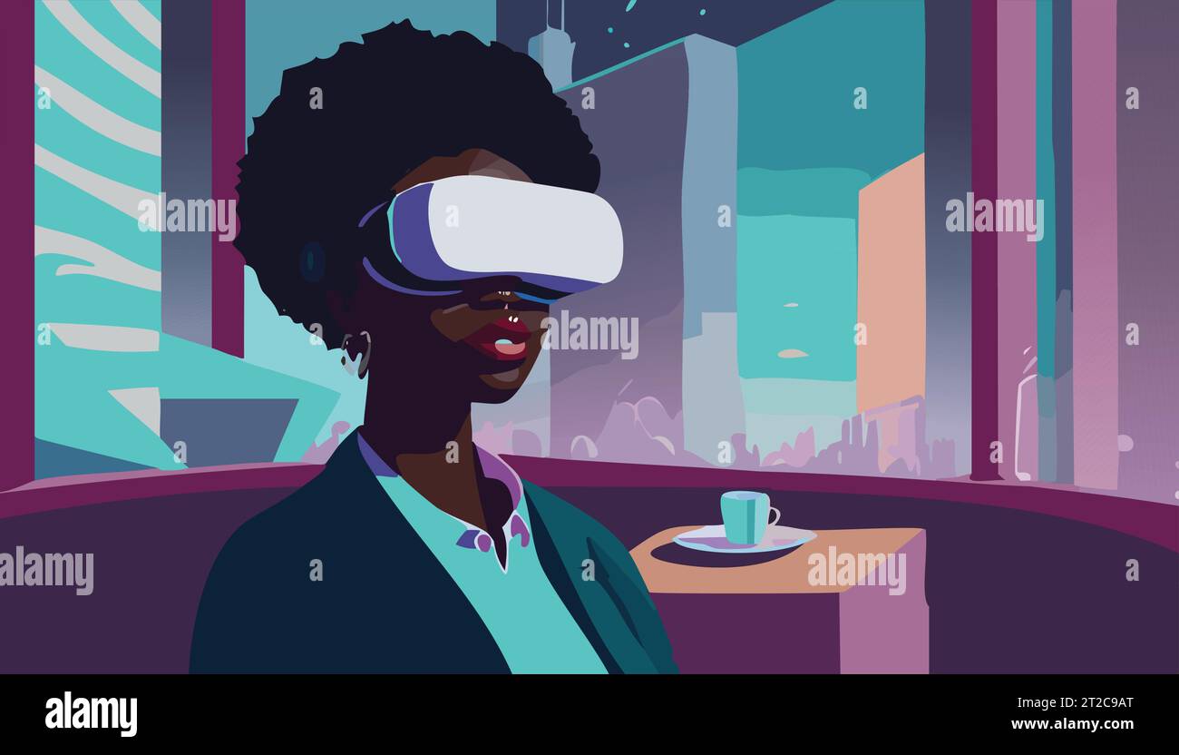 Metaverse Digital Virtual Reality Technology of a woman with glasses and a headset VR connected to the virtual space. Vector Illustration. Stock Vector