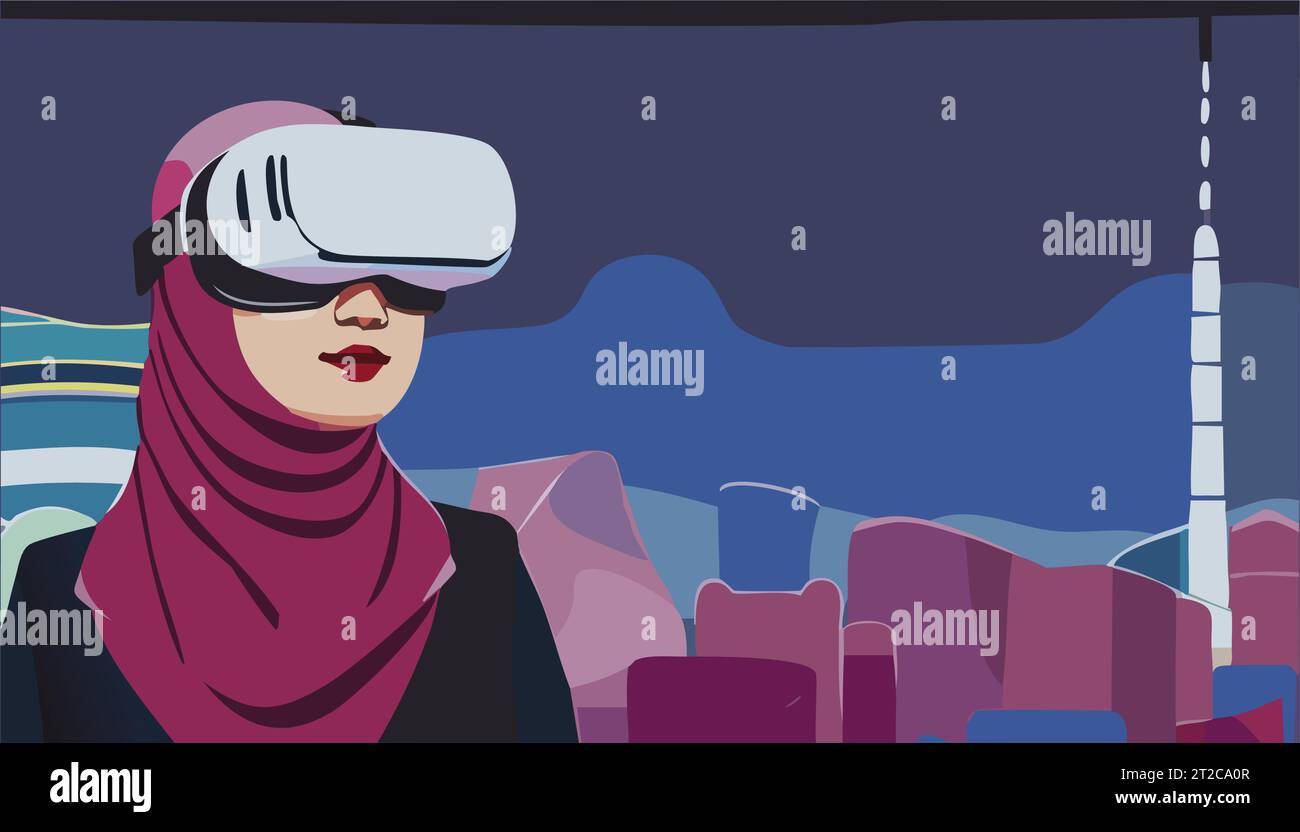 Metaverse Digital Virtual Reality Technology of a woman with glasses and a headset VR connected to the virtual space. Vector Illustration. Stock Vector