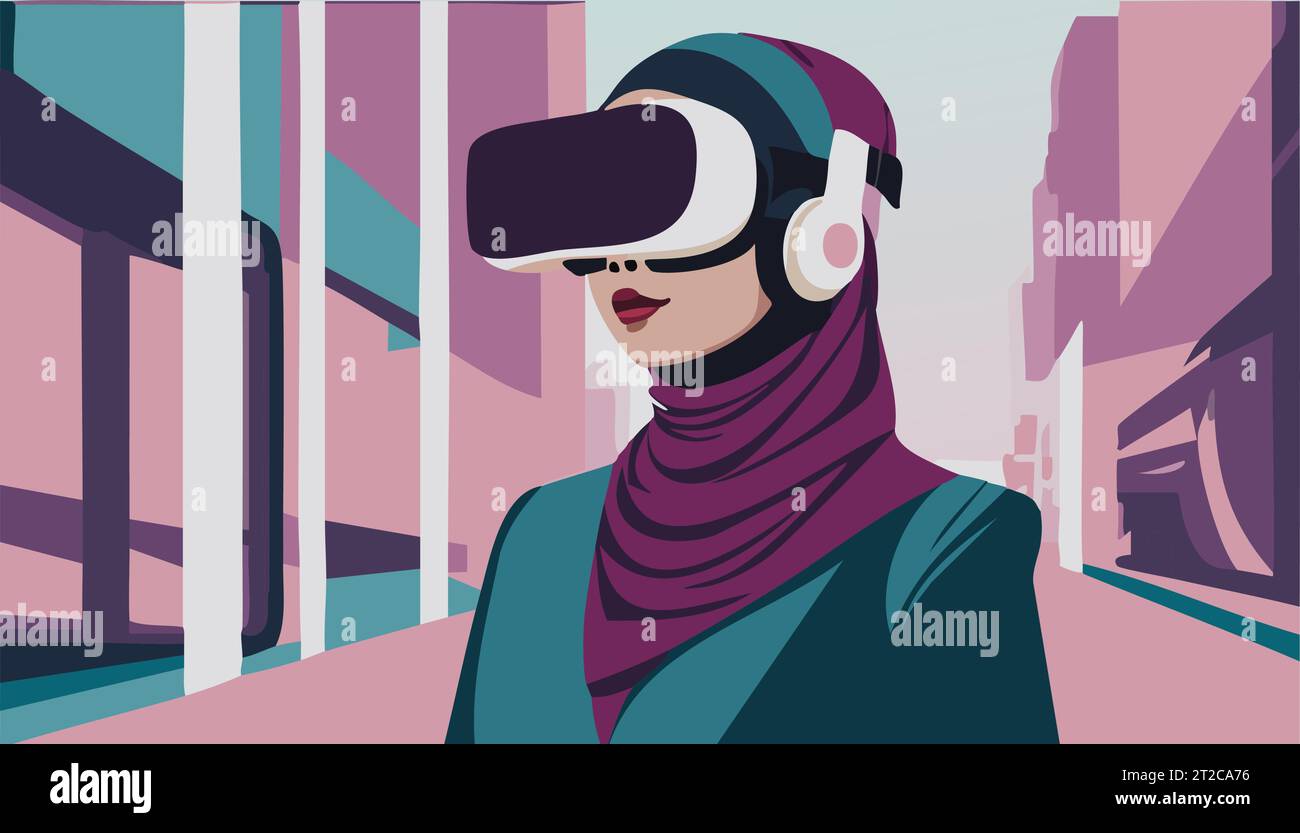 Metaverse Digital Virtual Reality Technology of a woman with glasses and a headset VR connected to the virtual space. Vector Illustration. Stock Vector