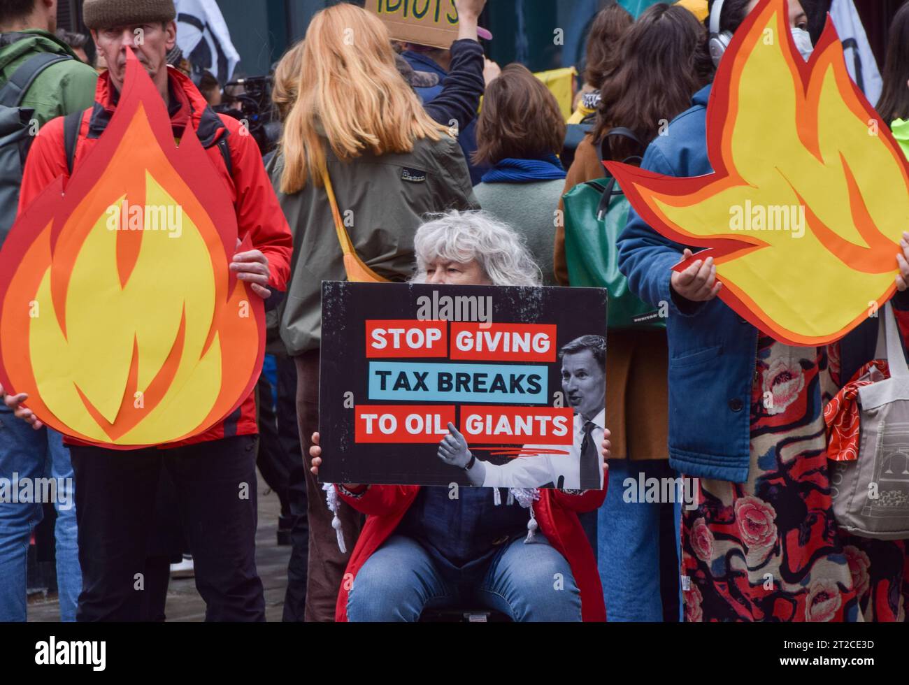 London, UK. 18th October 2023. Climate activists gather outside Standard Bank in the City of London in protest against the East African Crude Oil Pipeline (EACOP), calling on the bank to stop financing the project. Credit: Vuk Valcic/Alamy Live News Stock Photo