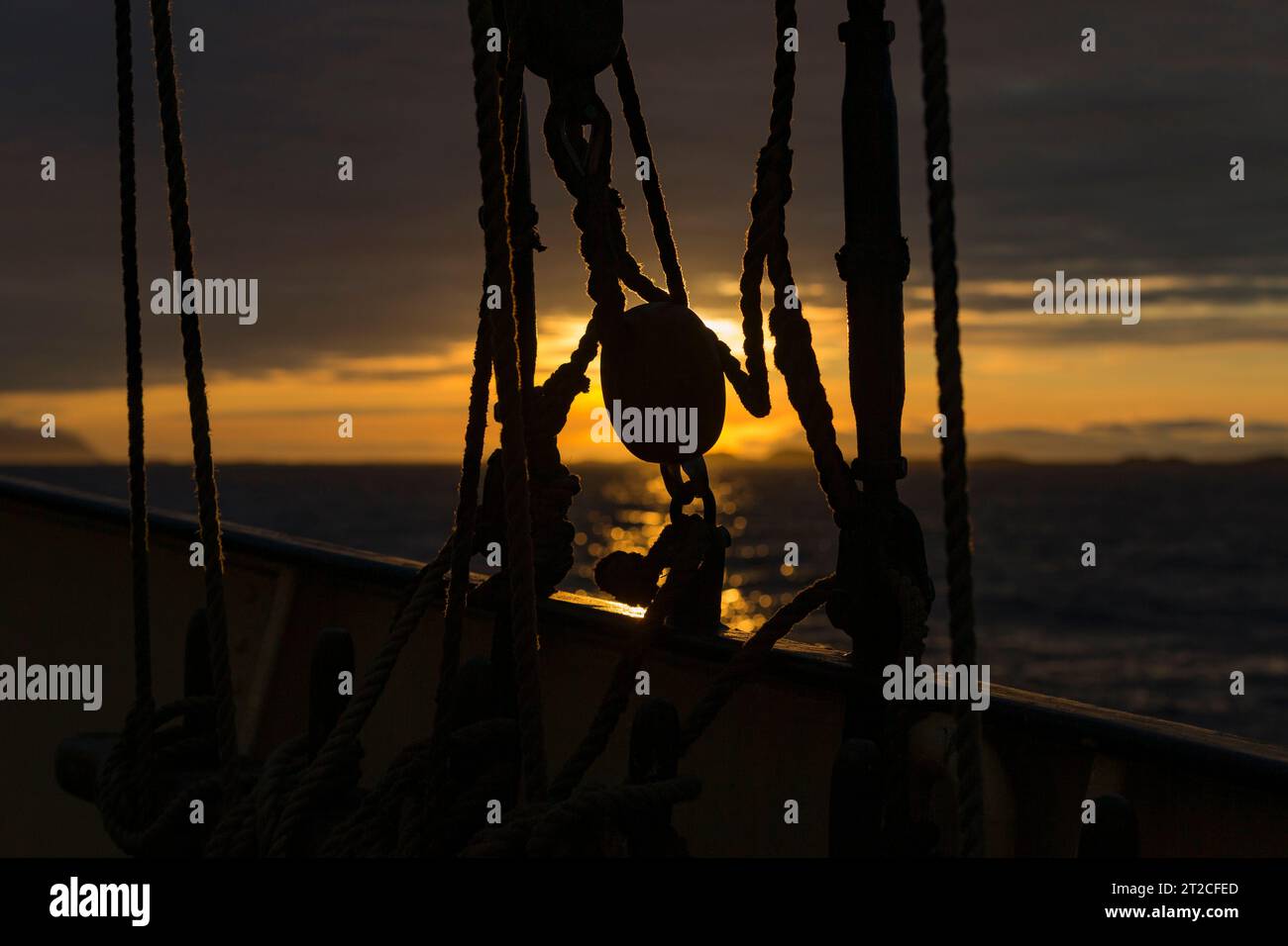 Landscape view of ship ropes at sunset, Isfjorden, Svalbard, August Stock Photo