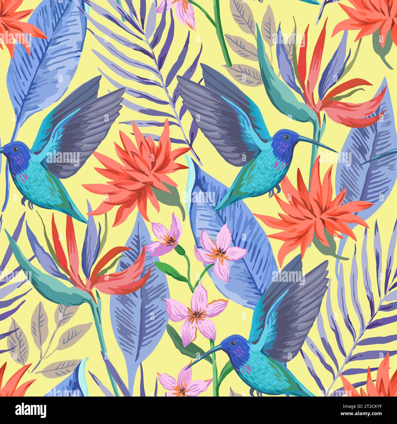 Colorful tropical seamless pattern with exotic birds and flowers. Vector illustration. Stock Vector