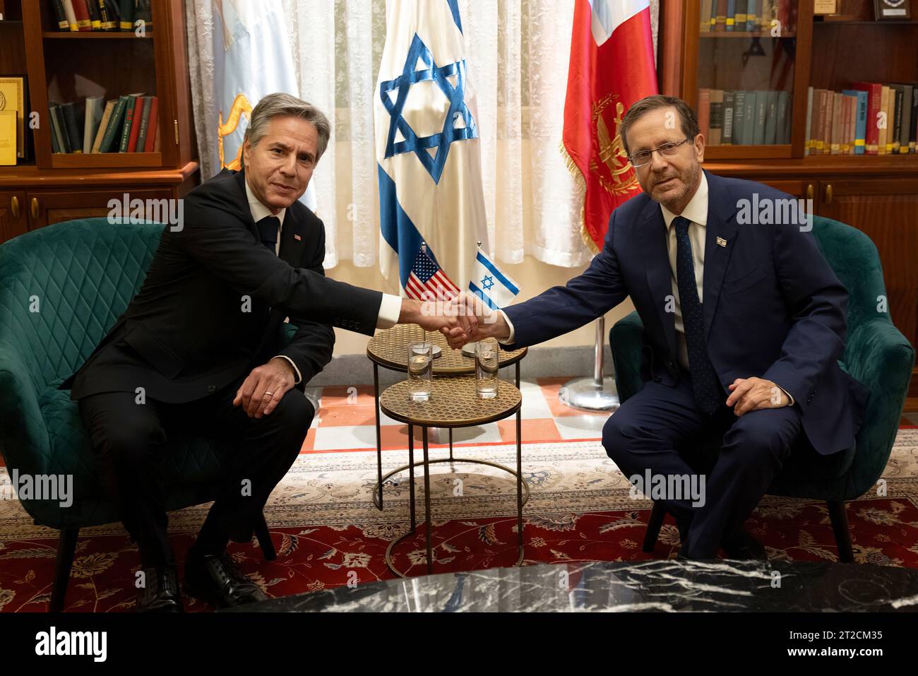 Secretary of State Antony J. Blinken meets with Israeli President Isaac Herzog in Tel Aviv, October 12, 2023. [State Department photo/Chuck Kennedy/Public Domain] Stock Photo