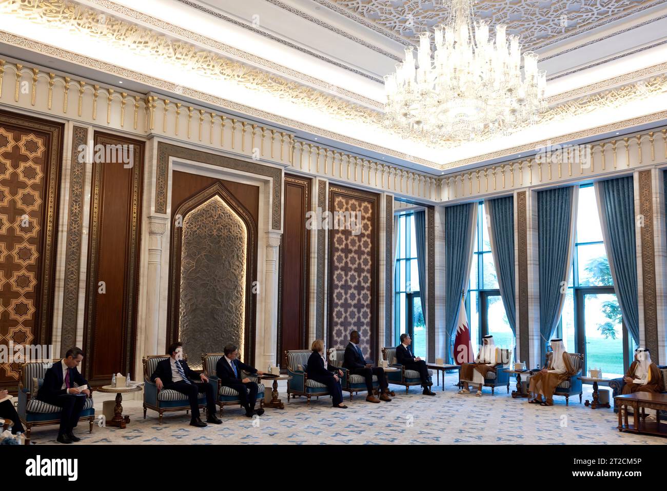 Secretary of State Antony J. Blinken meets with Qatari Amir Sheikh Tamim bin Hamad Al Thani in Doha, Qatar, October 13, 2023. [State Department photo by Chuck Kennedy/Public Domain] Stock Photo