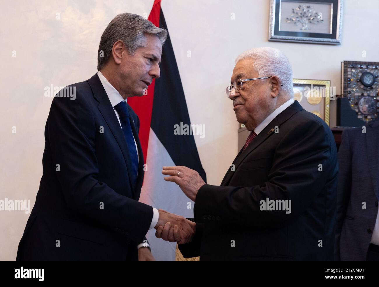 Secretary of State Antony J. Blinken meets with Palestinian Authority President Mahmoud Abbas, in Amman, Jordan, Friday Oct. 13, 2023. [State Department photo by Chuck Kennedy/Public Domain] Stock Photo