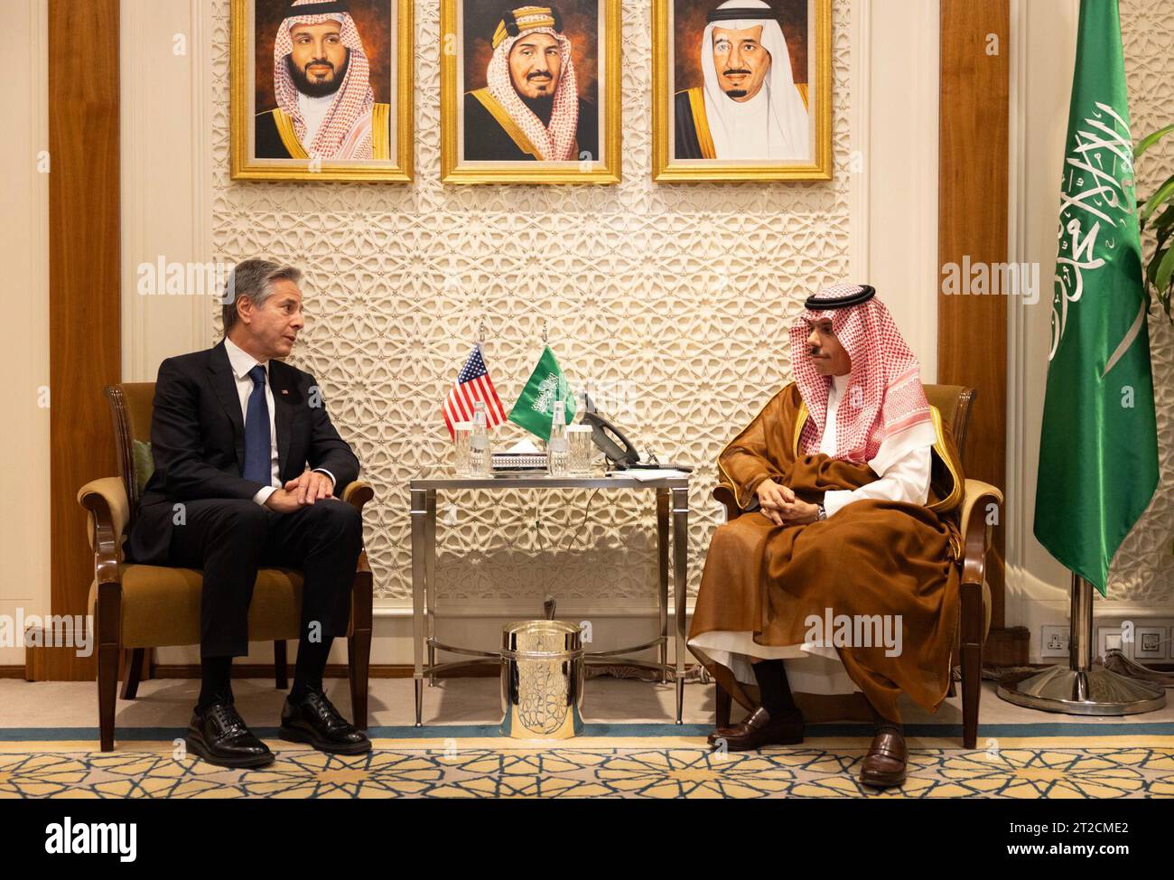 Secretary of State Antony J. Blinken meets with Saudi Foreign Minister Prince Faisal bin Farhan, at the Ministry of Foreign Affairs in Riyadh, Saudi Arabia, October 14, 2023. [State Department photo by Chuck Kennedy/Public Domain] Stock Photo