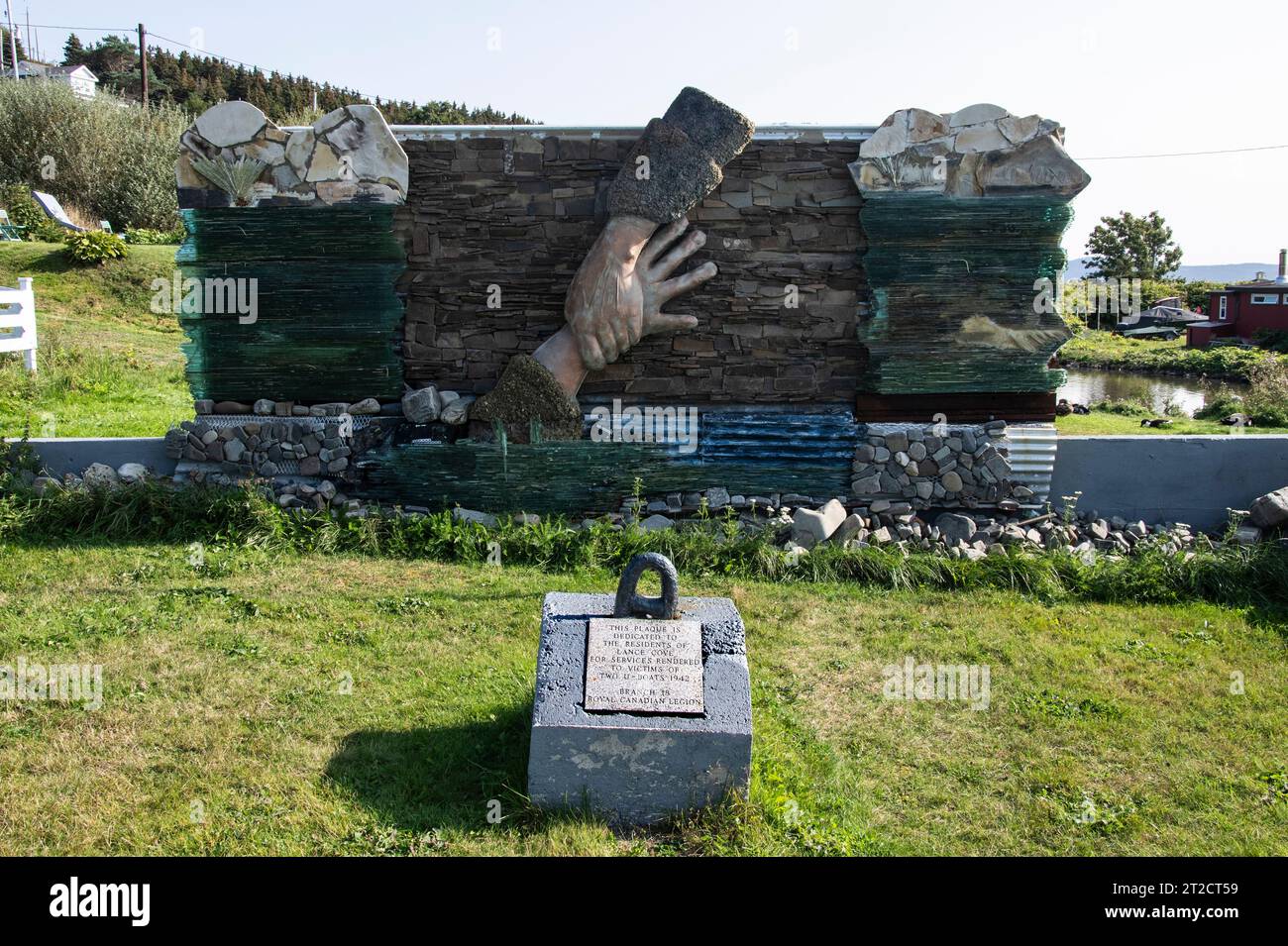 Sculpture of grasping hands at the Seaman's Memorial at Lance Cove on Bell Island, Newfoundland & Labrador, Canada Stock Photo