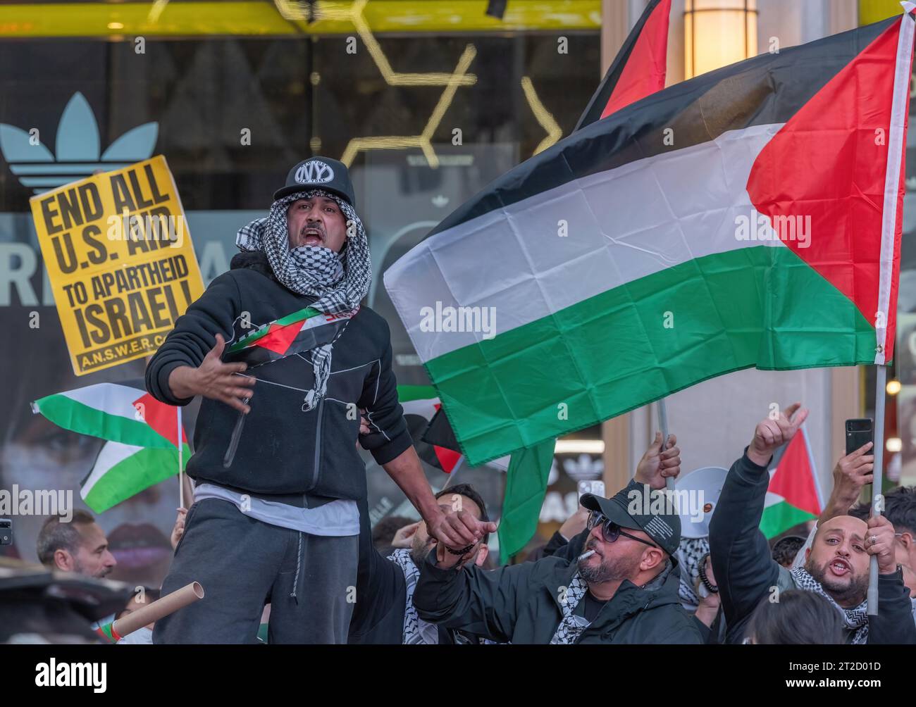 NEW YORK, N.Y. – October 13, 2023: Pro-Palestinian demonstrators rally during a protest in Manhattan. Stock Photo