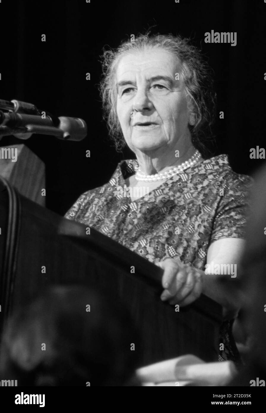 Israel's Prime Minister, Golda Meir (1898-1978), speaking at the Waldorf-Astoria Hotel in New York City in 1969. (USA) Stock Photo