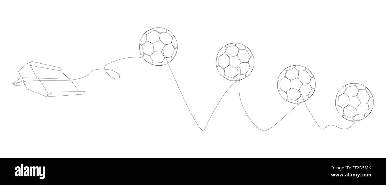 One continuous line of Paper Airplane with football ball. Thin Line