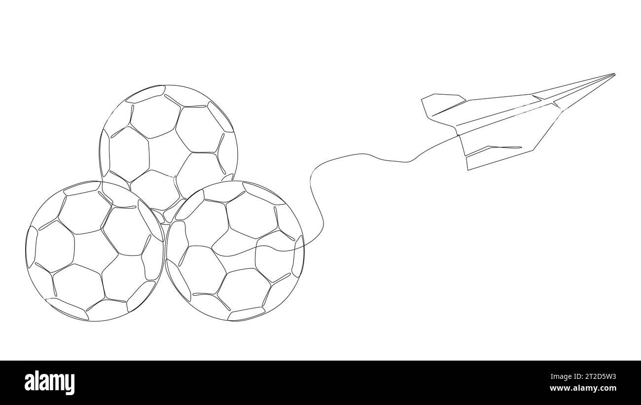 One continuous line of Paper Airplane with football ball. Thin Line