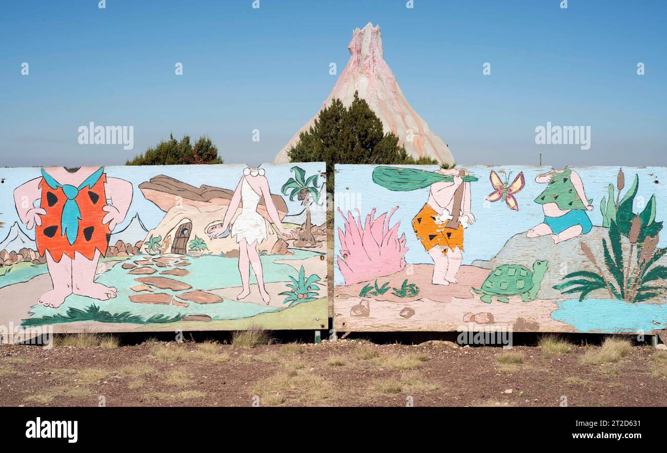 Williams, Arizona, USA. 18th Oct, 2023. Opened in 1972 to capitalize on the popularity of the Flintstones television cartoon series, the Bedrock City roadside attraction features statues, rides and a diner. The theme park is now a part of Raptor Ranch.(Credit Image: © Brian Cahn/ZUMA Press Wire) EDITORIAL USAGE ONLY! Not for Commercial USAGE! Credit: ZUMA Press, Inc./Alamy Live News Stock Photo