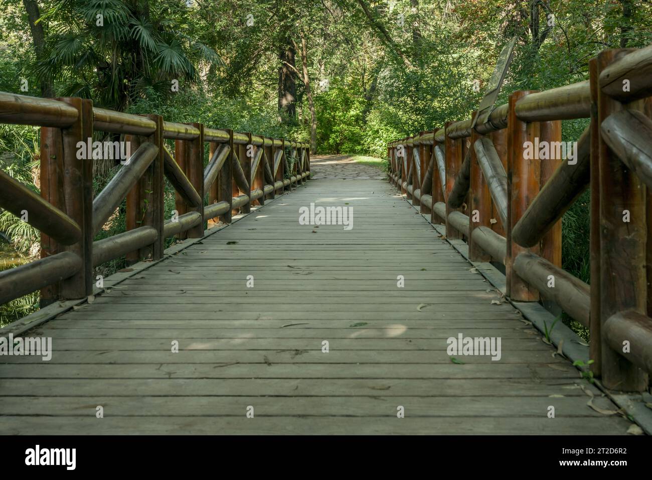 A bridge with railings made of wooden logs, planks in a park with lots of trees Stock Photo