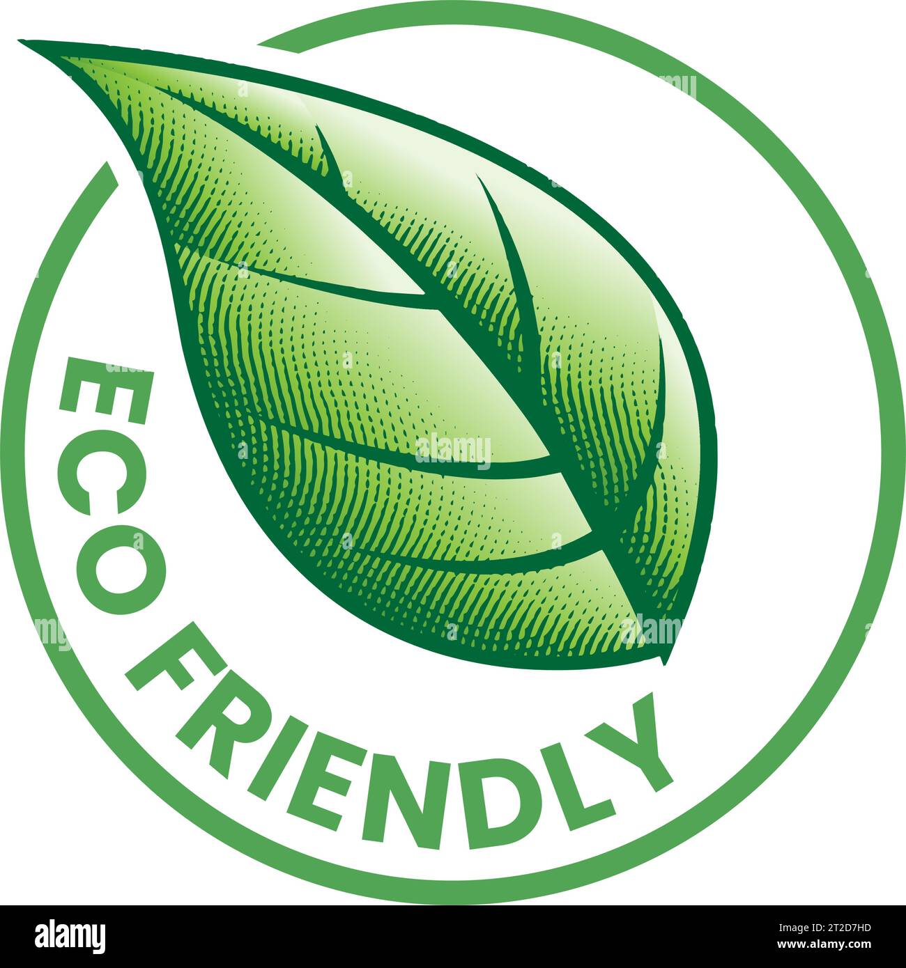 Eco Friendly Engraved Round Icon with a Single Leaf on a White Background Stock Vector