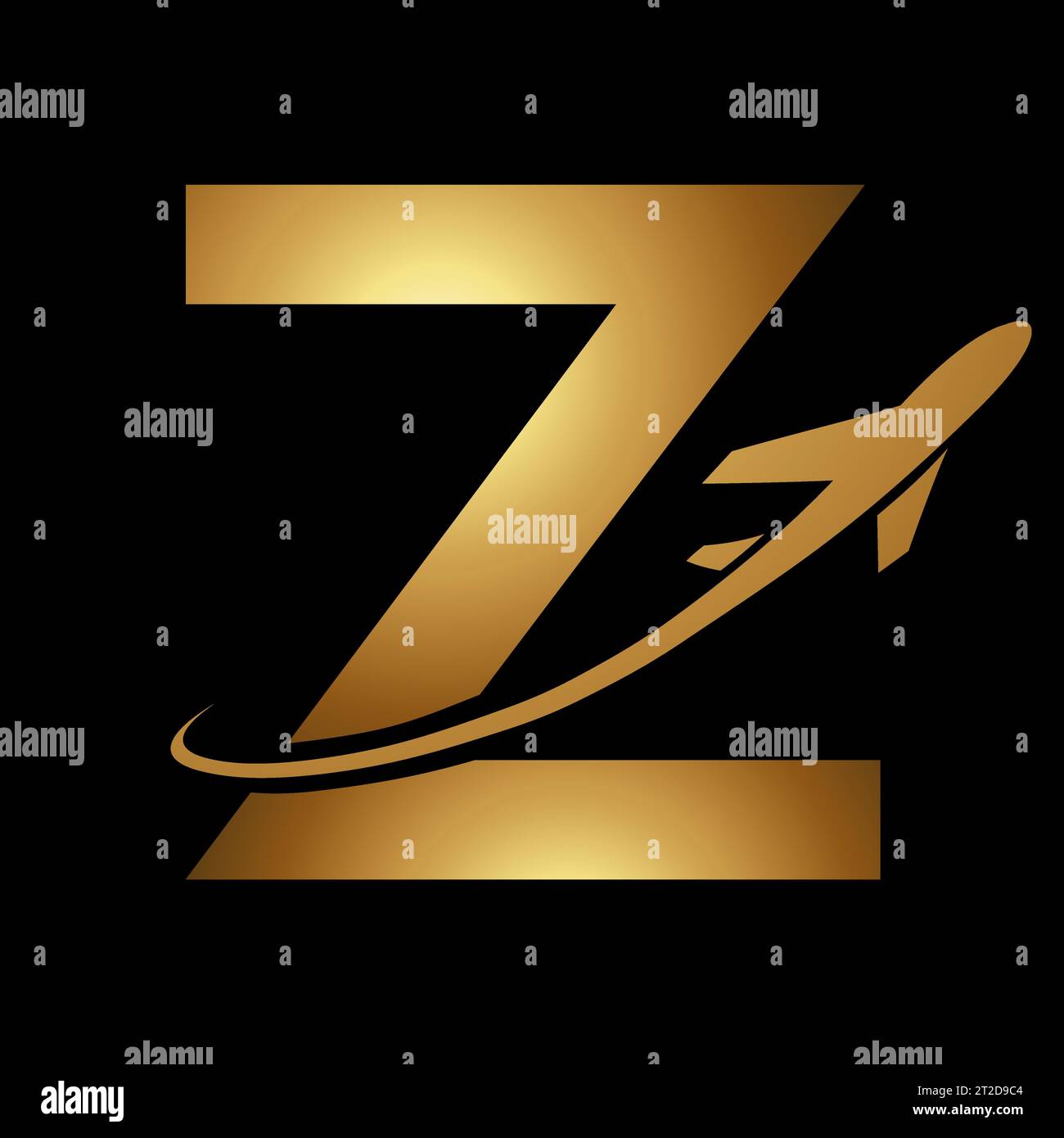 Glossy Gold Uppercase Letter Z Icon with an Airplane on a Black