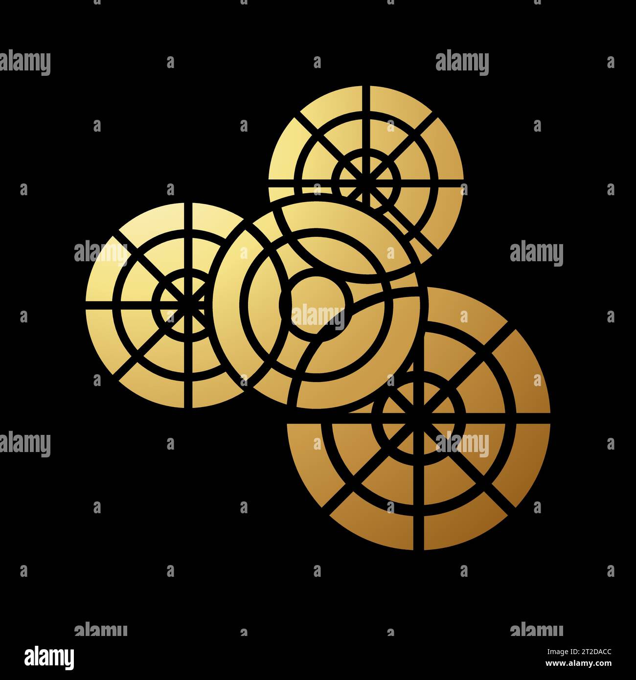 Gold Abstract Gear Shaped Icon with Overlapping Circles on a Black ...