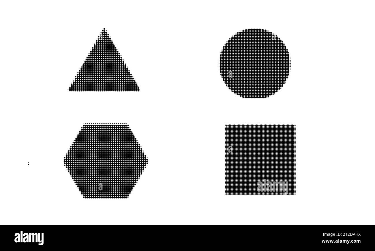 Set of halftone dots of hexagon, round, square, triangle shape isolated on white background. For Pop art, idea, poster, banner, decoration. Vector Stock Vector