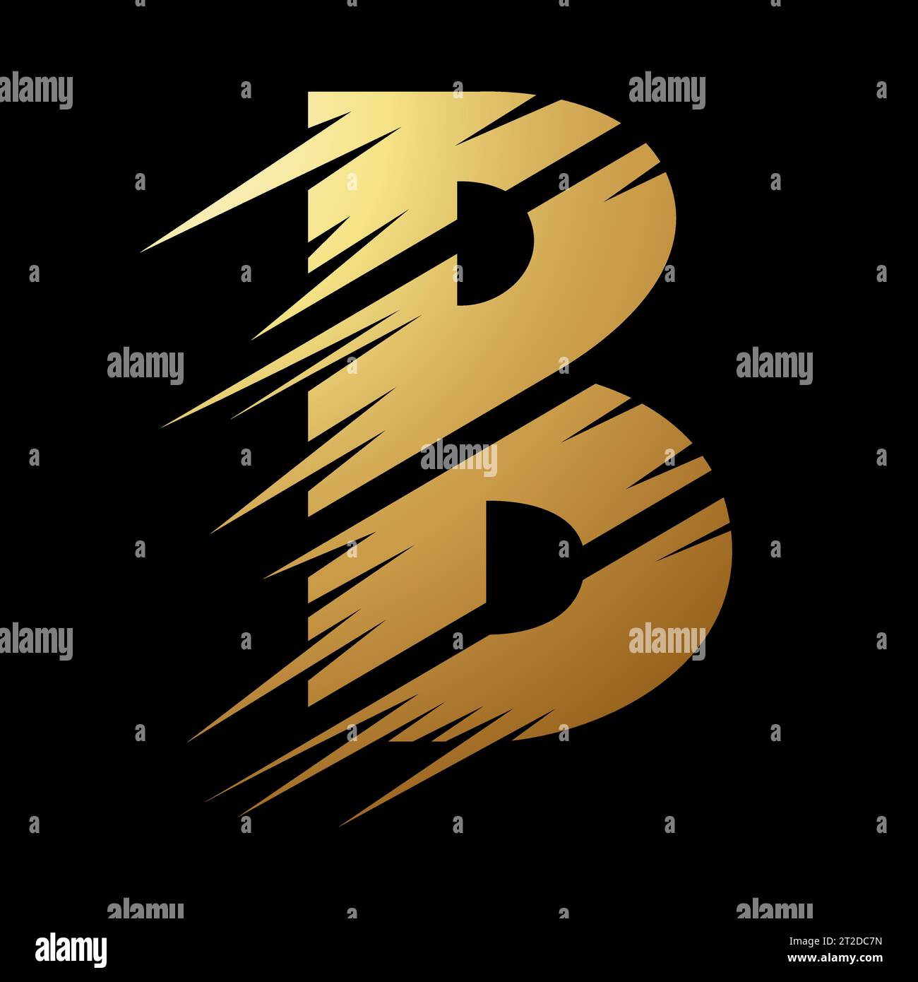 Gold Abstract Slashed Split Shaped Letter B Icon on a Black Background Stock Vector