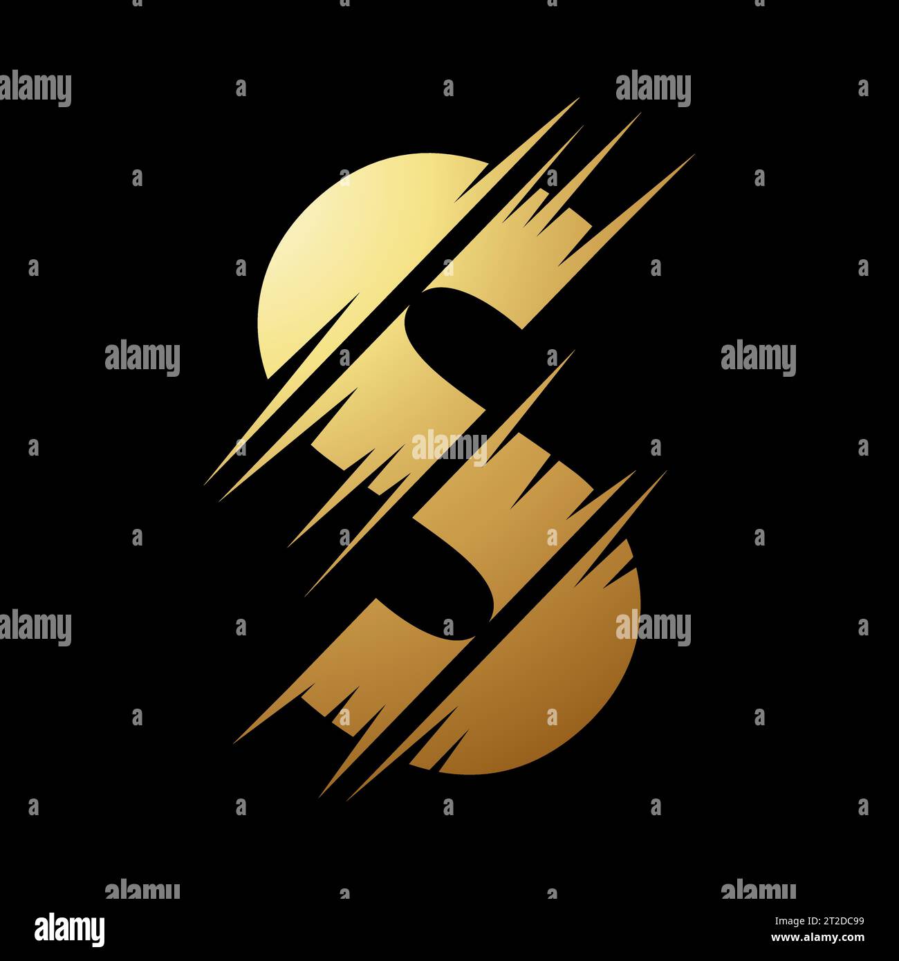 Gold Abstract Slashed Split Shaped Letter S Icon on a Black Background Stock Vector