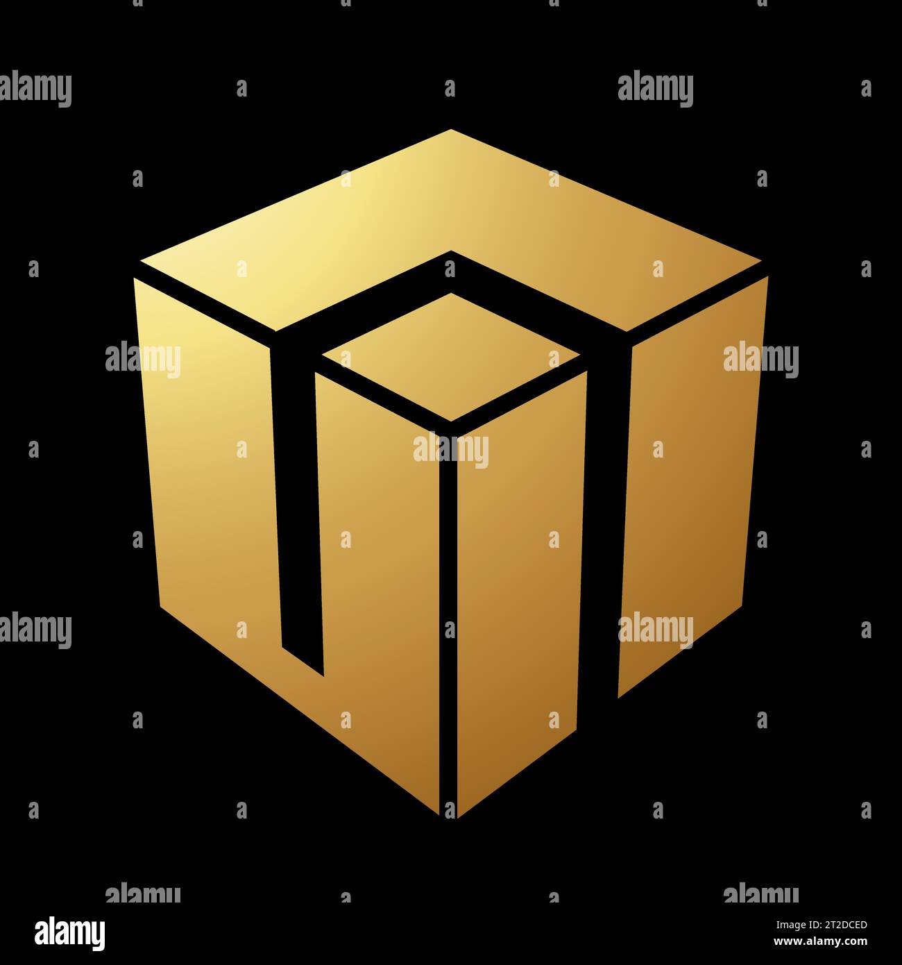 Gold Abstract Split Cube Icon on a Black Background Stock Vector