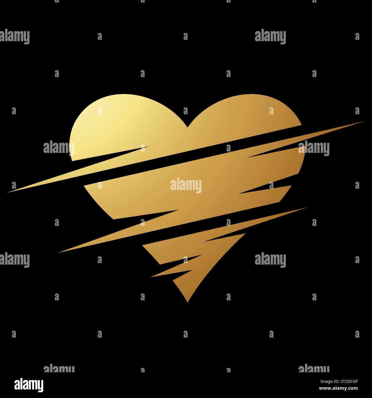 Gold Abstract Split Shaped Slashed Heart Icon on a Black Background Stock Vector