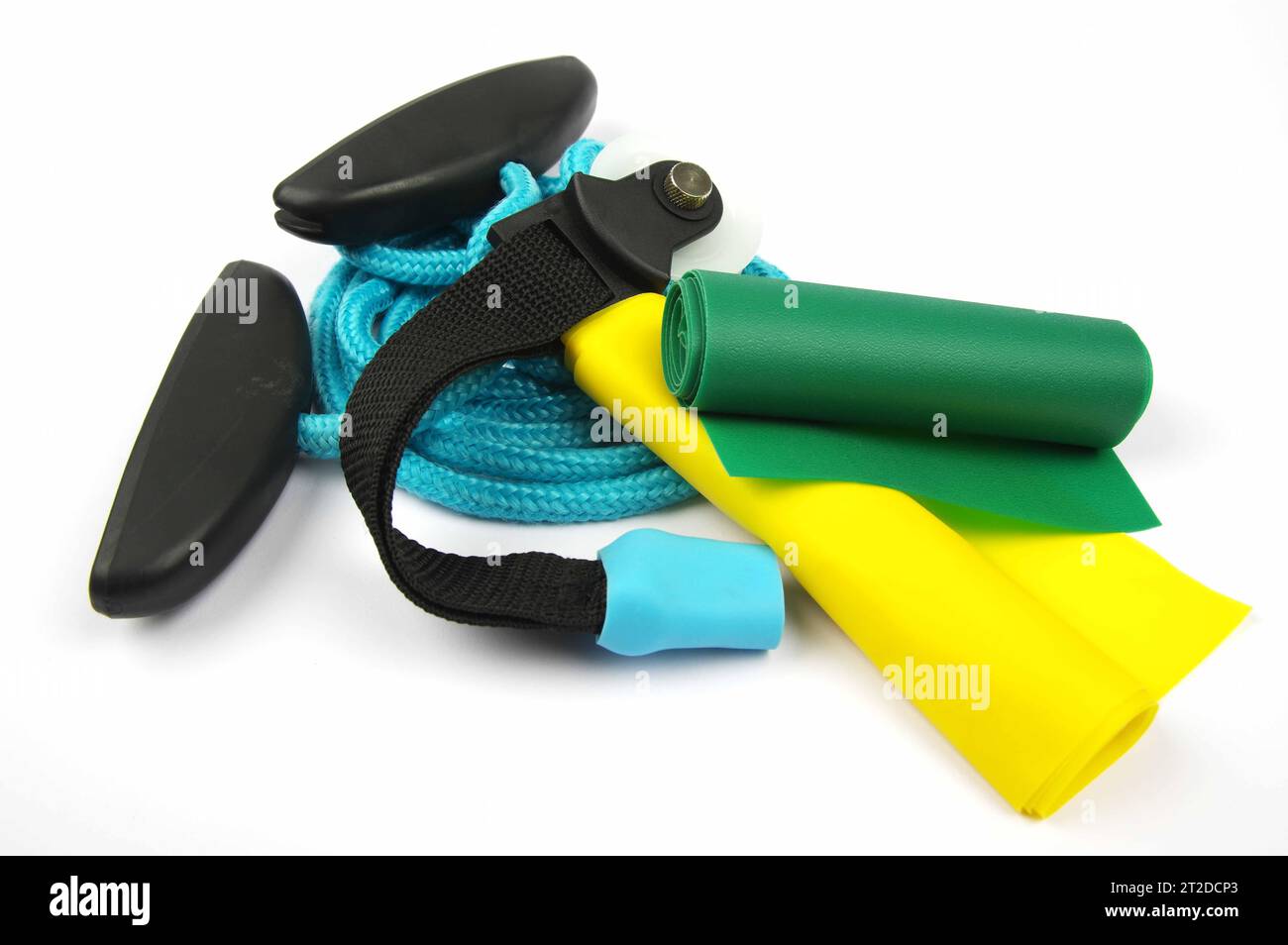 training aid assortment for physiotherapy and fitness training on a white background Stock Photo