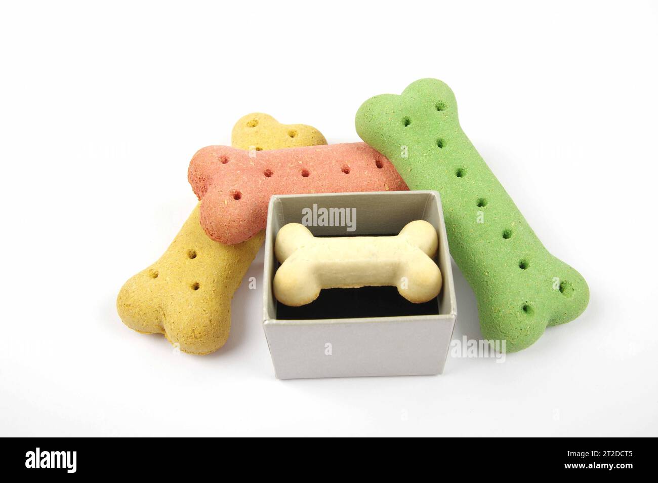 coloured dog biscuit bones and a special biscuit presentation box on a
