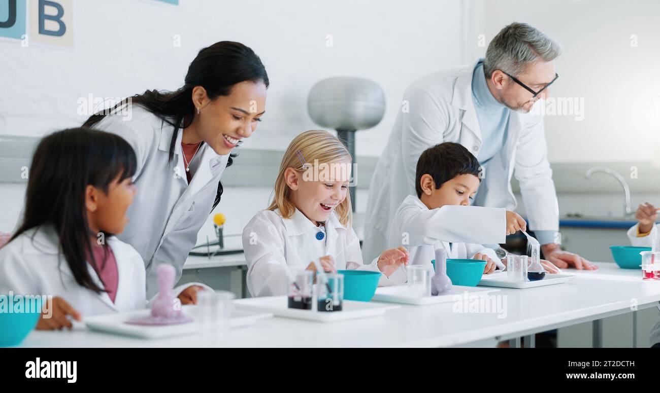 Science, education and students in class with their teachers for