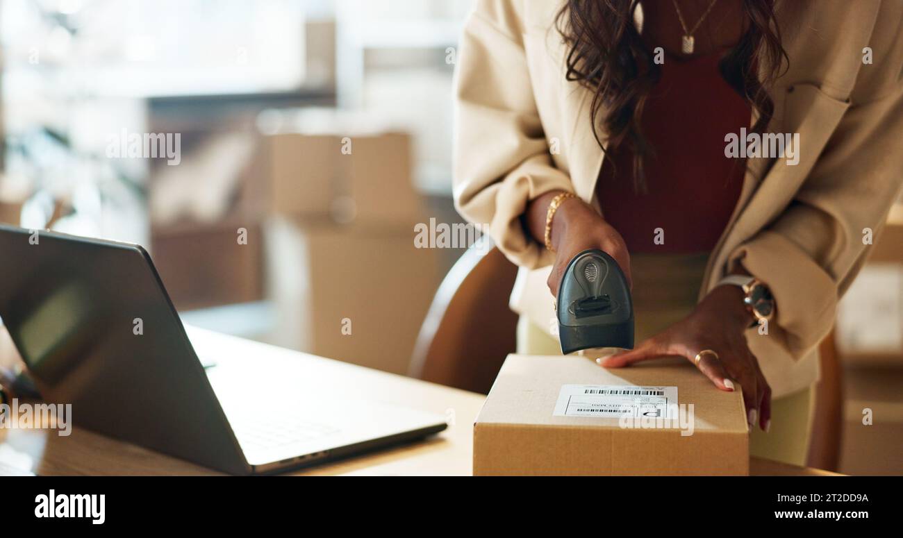 Woman, laptop and hands scan box in logistics for pricing, check or ...