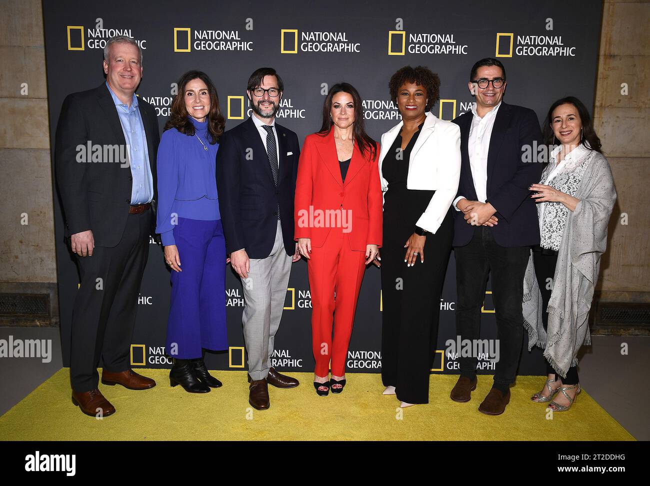 NEW YORK - OCTOBER 18: (L-R) David E. Miller, EVP & General Manager, National Geographic, Carolyn Bernstein, Executive Vice President, Global Scripted Content and Documentary Films at National Geographic, Nathan Lump, SVP, Editor in Chief, National Geographic, Courteney Monroe, President, National Geographic Content, Karen Greenfield, Senior Vice President of Content, Diversity and Inclusion, Tom McDonald, EVP Global Factual & Unscripted, National Geographic, and Pamela Levine, Head of Marketing attend the National Geographic Content Showcase at Hall des Lumieres on October 18, 2023 in New Yor Stock Photo