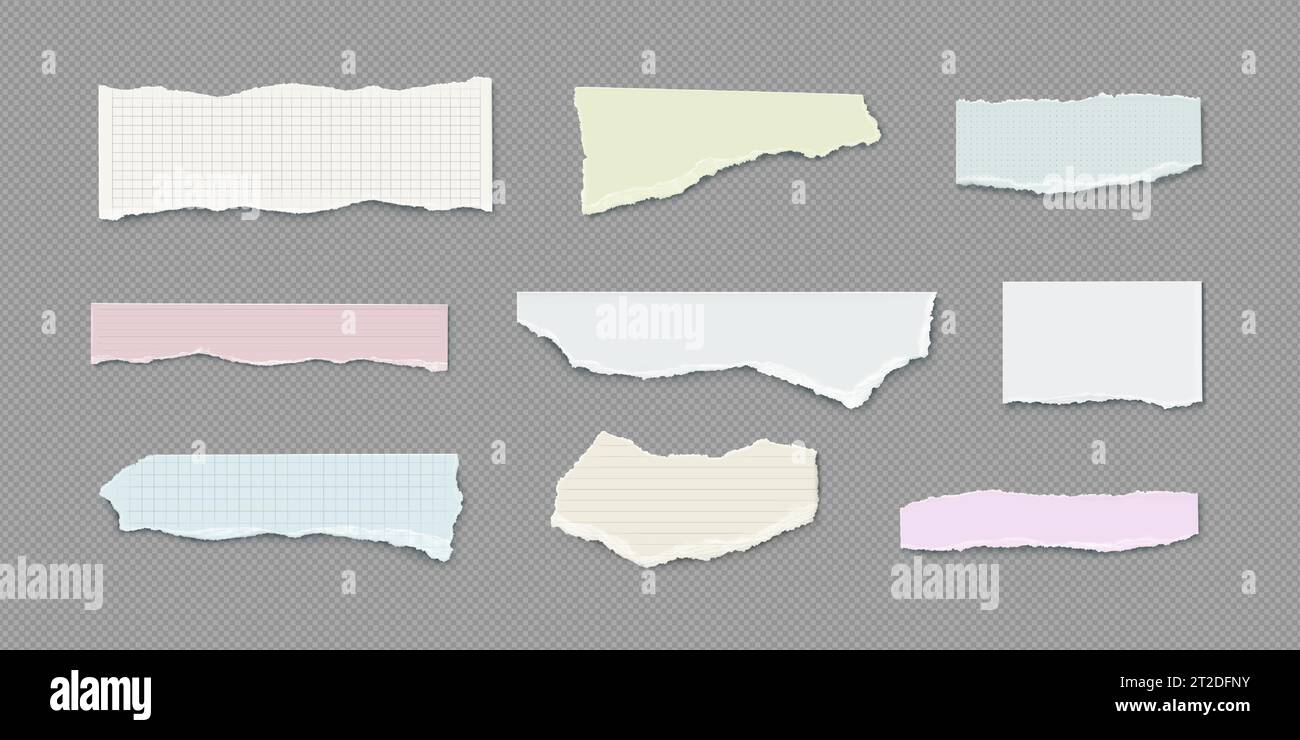 Set of torn notebook paper pieces isolated on transparent background. Vector realistic illustration of blank ripped diary sheet with uneven edges, memo strips with grid, stripe, dot design, garbage Stock Vector