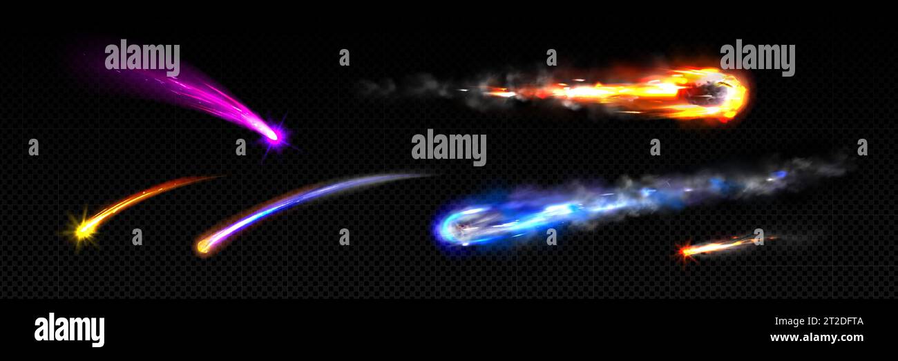 Comets with glowing trail effect. Realistic vector illustration set of various asteroids, meteors or other space rocky bodies flying at high speed and leaving bright tail of glowing fire or ice. Stock Vector